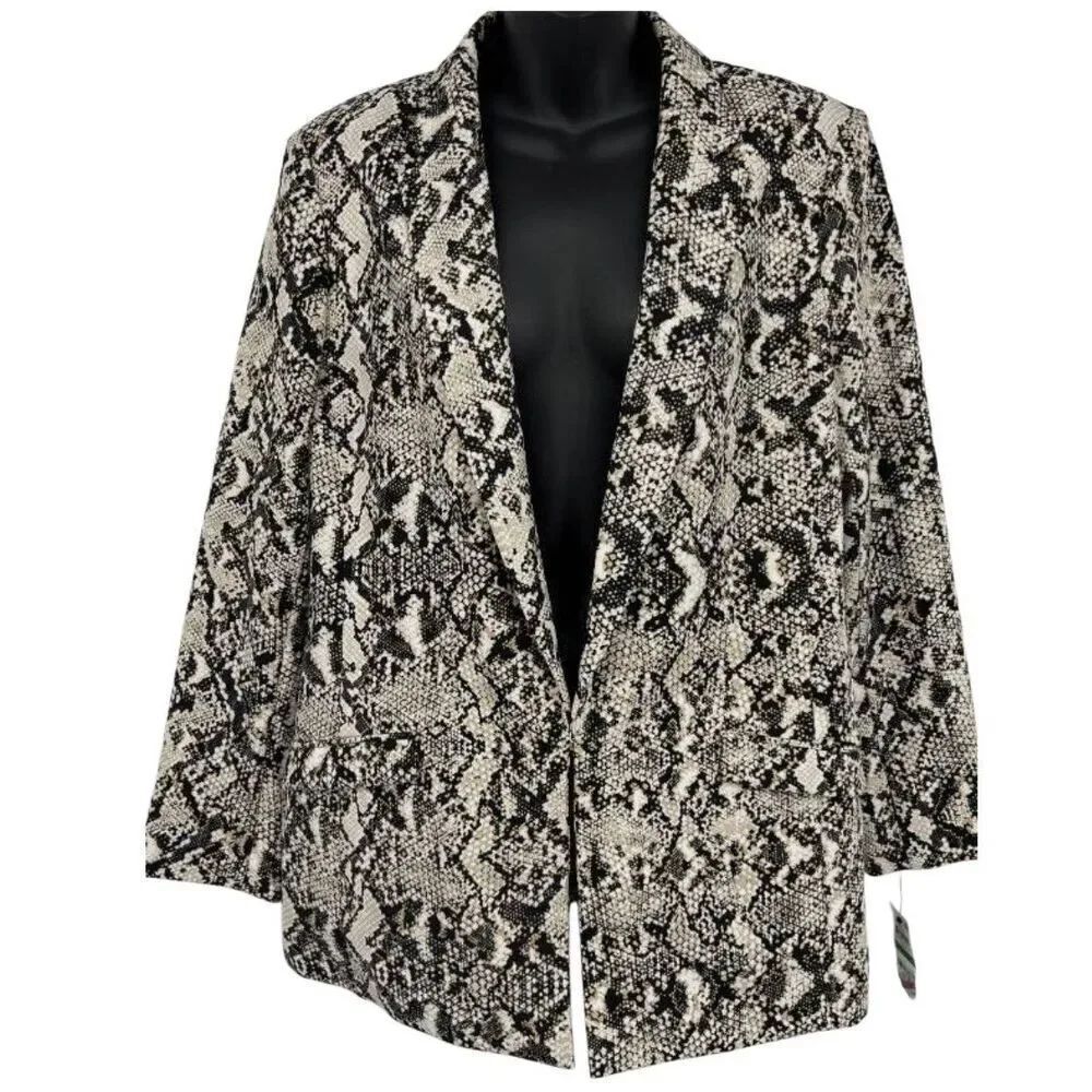 INC International Concepts Snakeskin Print Notch Collar Blazer Gray Ivory Small